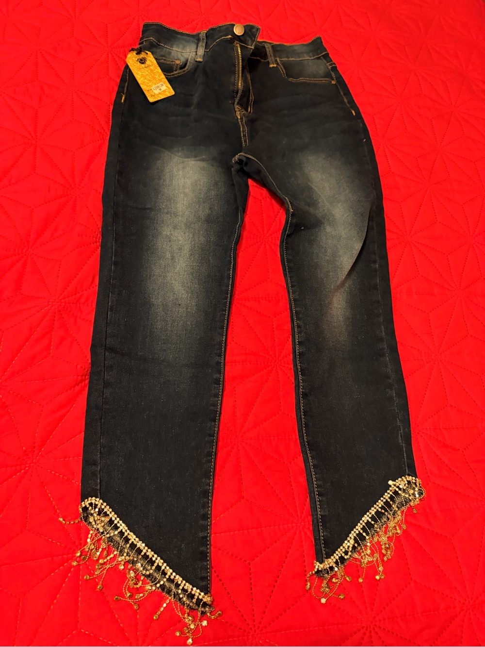 Dark Wash Women's Jeans with Gold Beaded Fringe